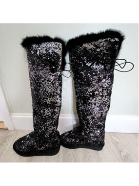 Sequin Snow Boots Womens 8 Black Over The Knee Faux Fur Wedge Winter Party